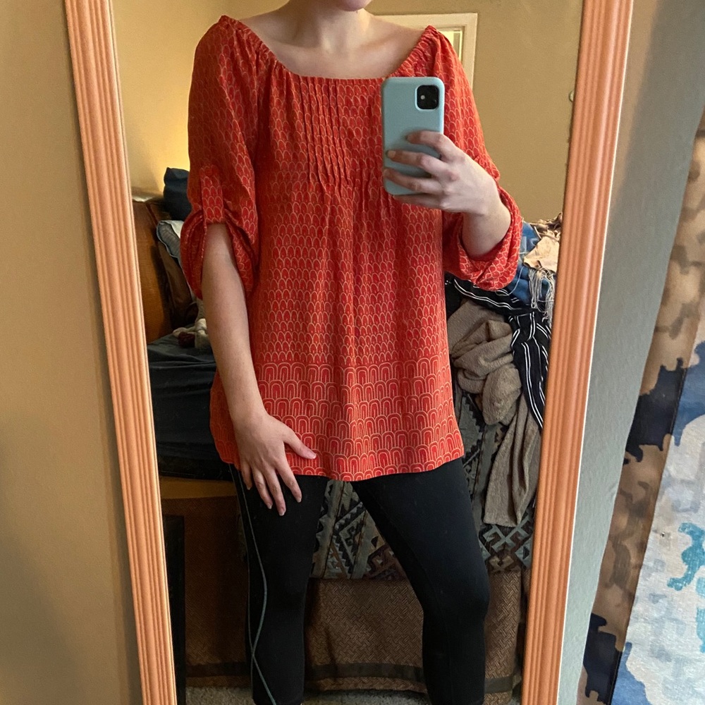 Orange pattern long or cinched sleeve blouse